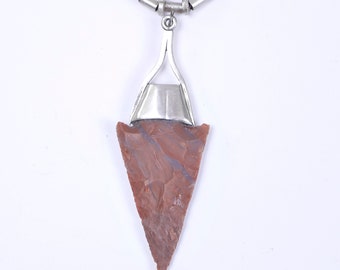 Handmade Agate Arrowhead Pendant in Sterling Silver on Leather thong