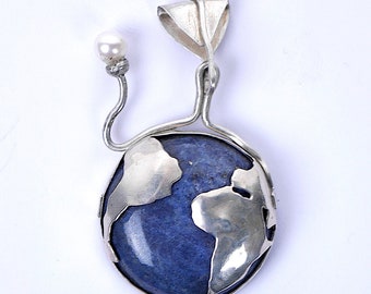 Handmade Lapis Lazuli and Silver Earth and Moon Pendant