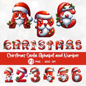 Alphabet et chiffres du père Noël, Clipart alphabet de Noël, clipart de A à Z PNG, police de caractères de Noël, chiffre de Noël, lettres décoratives