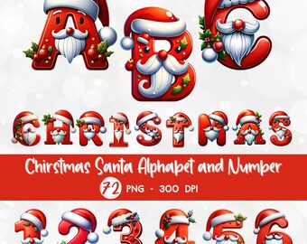 以下が含まれることがあります： サンタクロースをフィーチャーした赤と白のクリスマスアルファベットと数字のクリップアート。文字はA、B、C、H、R、I、S、T、M、A、Sで、数字は1、2、3、4、5、6です。各文字と数字は、ホーリーとオーナメントで飾られています。