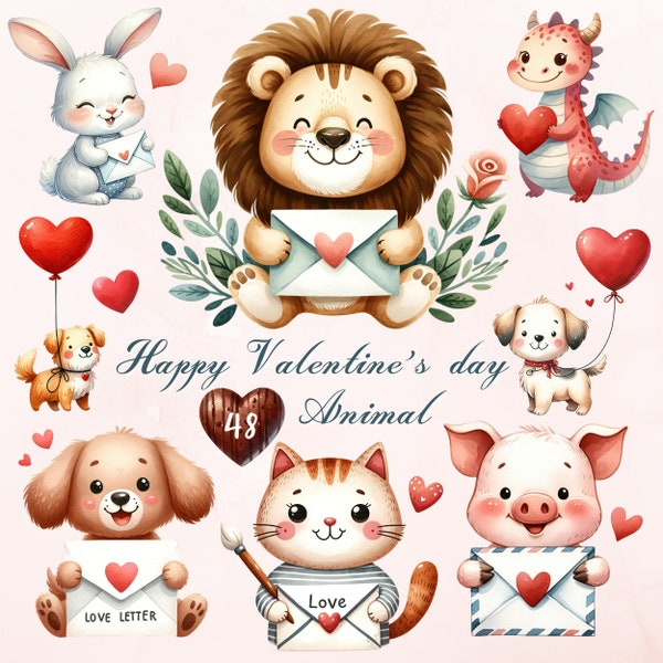 Happy Valentine's Day Animal, Watercolor Cute Animals Clipart, Valentine Heart and Love Letter PNG, Valentine Sublimation, Valentine Clipart