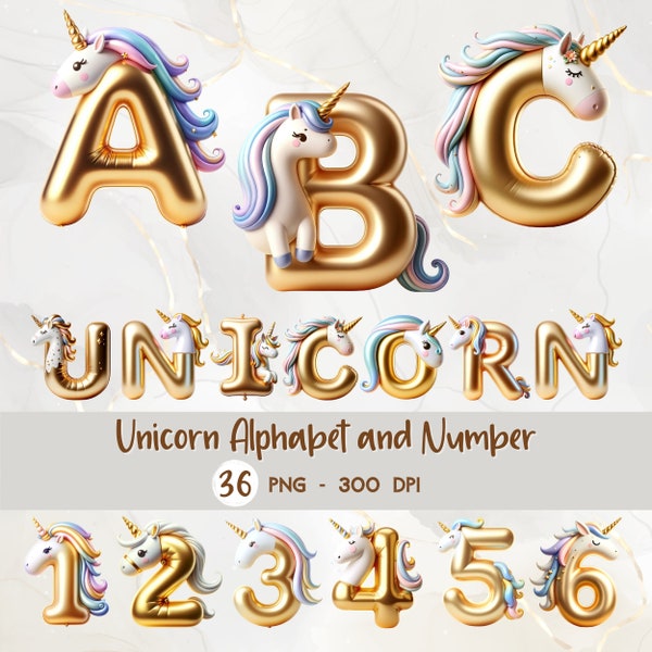 Unicorn Alphabet And Numbers, Gold Unicorn Balloon Foil Letters Clipart, Unicorn Birthday Invitation PNG, Decorative Letters, Commercial Use