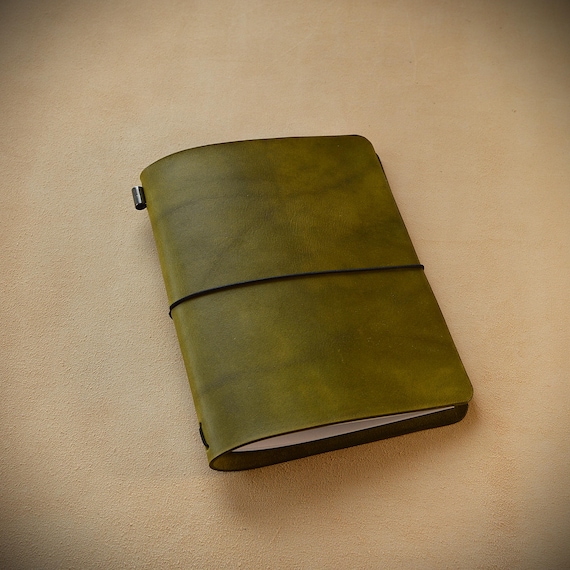 Olive Green Traveler's Leather Notebook in Refillable  Midori style. Optional personalization make it a perfect gift for any opportunity.