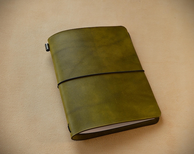Olive Green Traveler's Leather Notebook in Refillable  Midori style. Optional personalization make it a perfect gift for any opportunity.