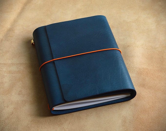Blue Trifold Traveler's Journal Leather Cover/All sizes of Midori-style leather covers/Refillable notebook/Perfect birthday gift