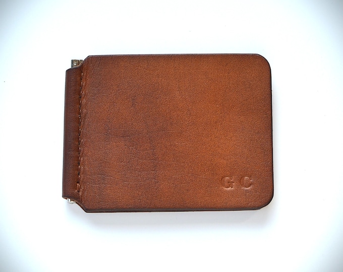 Hand Stitched Leather Money Clip Wallet, Personalized Bill Clip