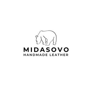 Puede incluir: Logotipo minimalista con un contorno de oso sobre el texto "MIDASOVO HANDMADE LEATHER". El oso se representa con una l&iacute;nea continua simple, y el texto est&aacute; centrado debajo sobre un fondo blanco. La fuente es limpia y sans-serif.