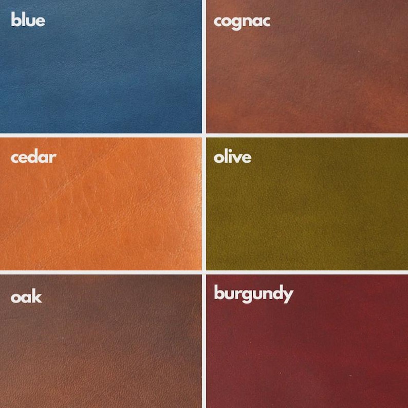 Puede incluir: Una paleta de colores que muestra seis muestras de cuero. Los colores incluyen azul, co&ntilde;ac, cedro, oliva, roble y borgo&ntilde;a. Cada muestra presenta un color s&oacute;lido con una textura suave, ideal para art&iacute;culos de cuero.