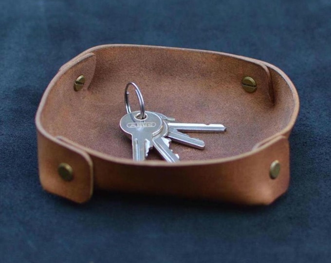 Handmade Leather Valet Tray: Mahogany Cow Leather Desk Organizer