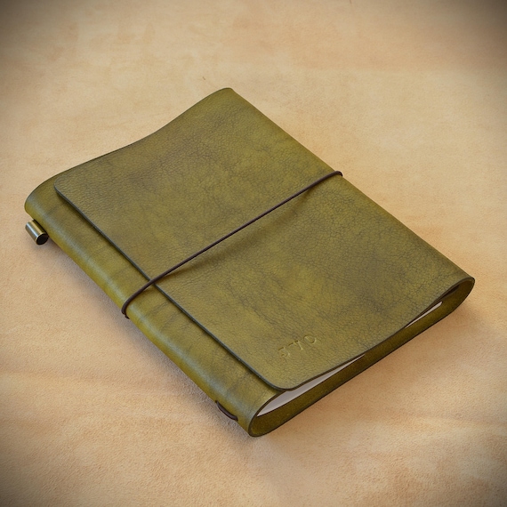 Olive trifold traveler's journal in Midori style tailored for your inserts/ Create a unique birthday present by adding personalization
