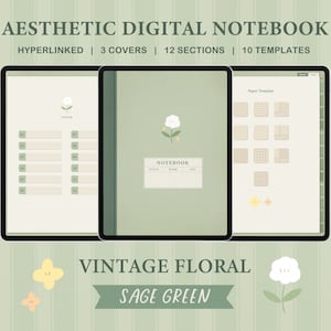Aesthetic Vertical Digital Notebook with dividers, Goodnotes, Notability & Note-taking Apps, Vintage Floral - Sage Green Tone