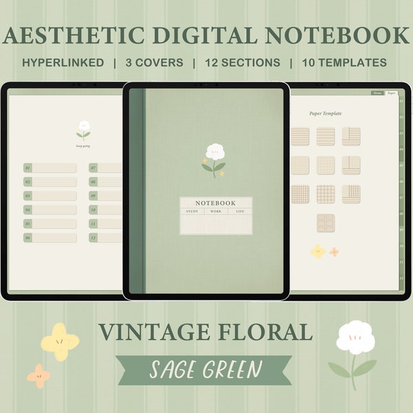 Aesthetic Vertical Digital Notebook with dividers, Goodnotes, Notability & Note-taking Apps, Vintage Floral - Sage Green Tone