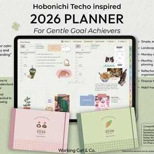Peut inclure: Un planificateur numérique pour 2026, inspiré par Hobonichi Techo, conçu pour les personnes qui atteignent leurs objectifs en douceur. L'image montre une tablette affichant l'interface du planificateur, avec trois planificateurs physiques roses et verts. Le planificateur comprend des fonctionnalités de planification quotidienne, de suivi financier et de suivi des habitudes.