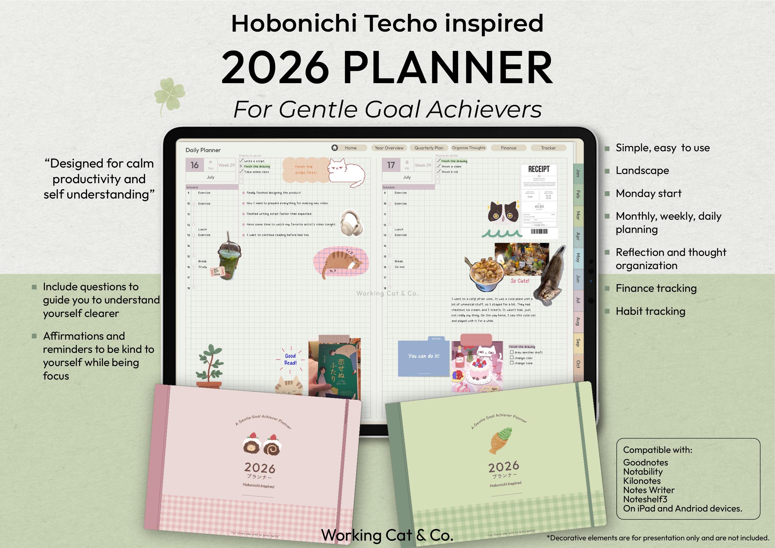 2026 Digital Hobonichi Planner [Gentle Goal Achiever Edition] - Landscape, Monthly, Weekly, Daily Planning, for Goodnotes, iPad & Android