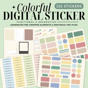 Peut inclure: Un ensemble de 231 autocollants numériques pour Goodnotes, comprenant une variété de formes, de cadres et d'étiquettes colorés. Les autocollants sont pré-découpés et sont disponibles en fichiers PNG individuels. Les autocollants comprennent des étiquettes pour le travail, le repos, le jour de congé, la réunion, le rendez-vous, le brainstorming, la liste de choses à faire, le jour de paie, les corvées, les soins personnels, l'entraînement, et plus encore.