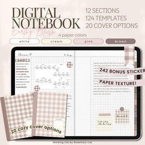 Puede incluir: Cuaderno digital con 12 secciones, 124 plantillas y 20 opciones de portada. El cuaderno tiene un patrón de cuadros y el texto "Earthy Blush" y "242 Bonus Stickers!" es visible. El cuaderno está disponible en cuatro colores: blanco, crema, rosa y marrón.