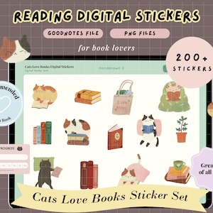 Reading Digital Stickers for Book Lovers | Cats Love Books Digital Stickers | Goodnotes Precropped Digital Sticker Book & PNG files