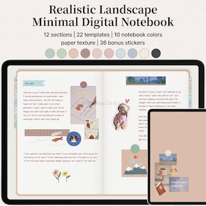 May include: A digital notebook displayed on a tablet, featuring a realistic landscape theme. The notebook includes 12 sections, 22 templates, 10 color options, paper texture, and 36 bonus stickers. The screen shows handwritten notes and decorative stickers.