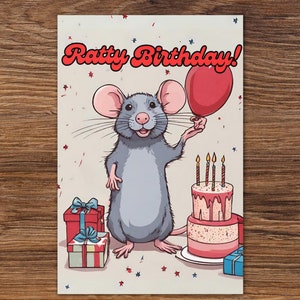 Greeting Cards - Adorable Rat Birthday Card with Balloons, Ratatatat Designs, Happy Birthday Wish dispatched from the USA