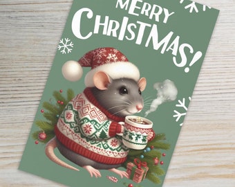 Tarjeta navideña con ratas / Adorable felicitación navideña con ratas festivas / Tarjeta navideña para amantes de las ratas