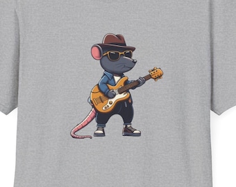 May include: A gray t-shirt with a cartoon illustration of a rat wearing sunglasses and a hat, playing a guitar.
