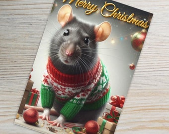 Tarjeta navideña fantástica con ratas, adorable saludo navideño con ratas festivas, tarjeta navideña para amantes de las ratas.