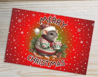Tarjeta navideña con ratas / Adorable felicitación navideña con ratas festivas / Tarjeta navideña para amantes de las ratas