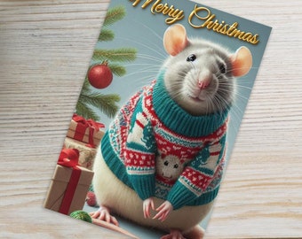 Tarjeta navideña fantástica con ratas, adorable saludo navideño con ratas festivas, tarjeta navideña para amantes de las ratas.