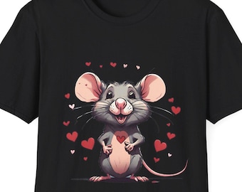 May include: A black short-sleeved t-shirt featuring a central graphic of a smiling grey mouse with large pink ears and a light pink belly. The mouse is surrounded by several small red and pink hearts floating in the air around its body.