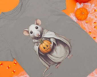 May include: A gray t-shirt featuring a Halloween-themed illustration. The design depicts a white mouse wearing a cloak and holding a carved orange pumpkin. The background includes Halloween decorations like pumpkins and candy corn.