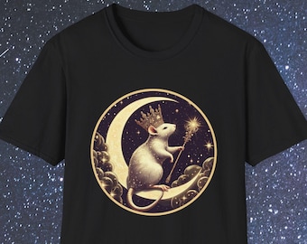 May include: A black t-shirt with a graphic of a white rat wearing a gold crown and holding a wand, sitting on a crescent moon with stars in the background.