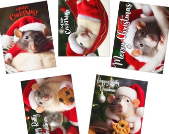Tarjetas navideñas únicas: paquete de 5 con adorables diseños de ratas, 10,8 x 14 cm. ¡Comparte la alegría navideña con tus seres queridos amantes de las ratas!