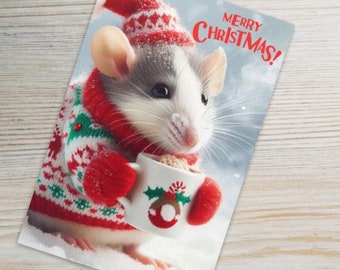 Tarjeta navideña de ratas, Tarjeta navideña fantástica de ratas, Adorable felicitación navideña con ratas festivas, Tarjeta navideña para amantes de las ratas