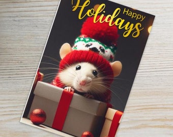 Tarjeta navideña fantástica con ratas, adorable saludo navideño con ratas festivas, tarjeta navideña para amantes de las ratas.