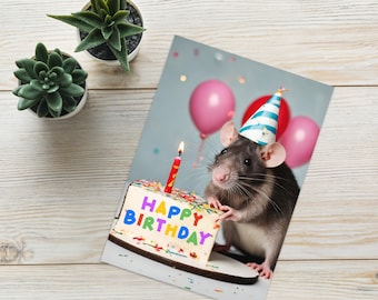 Happy Ratty Birthday Card: Adorable Rat with Cake