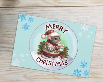 Tarjeta navideña con ratas / Adorable felicitación navideña con ratas festivas / Tarjeta navideña para amantes de las ratas