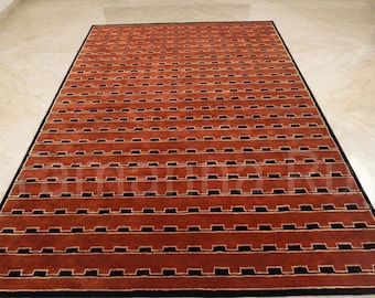 Hand Tuft Brown and Black Rug, Gold Viscose Geometric Area Rug, Modern Grid Rug, Rust, Terracotta, Red, burgundy Carpet for Living Room 8x10