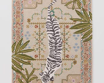 Anthropologie Neutral/Pink/Blue Multi Wool Bengal Tiger Rug 9x12 ft, Handmade Tufted Woolen Area Rug For Bedroom, Livingroom Carpet 8x10