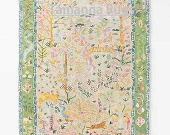 Multicolored Anthro 9x12 Tales Rug, Menagerie Wool Carpet, Hand Tufted Blended Woolen Area Rug For Bedroom Livingroom, Green Bordered 8x10