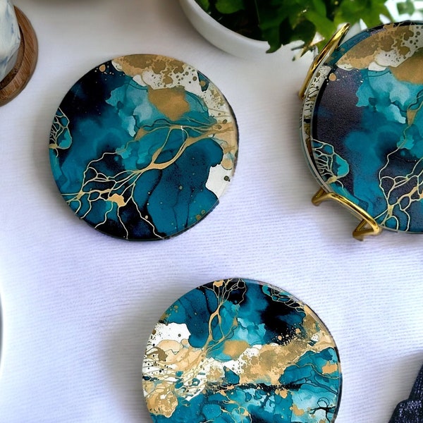 Ceramic Coasters Set With Holder, Absorbent Marble Coasters, Teal Acrylic Paint Printed Coasters Set of 6 with Holder & Cork-based Coasters