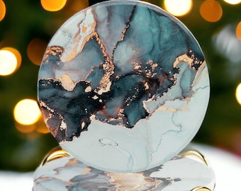 Jeu de 6 sous-verres ronds en céramique avec support, sous-verres en marbre absorbant, sous-verres noirs avec support en or et sous-verres à base de liège