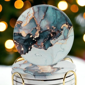 Marble Ceramic Coasters Set of 6 with Gold Holder