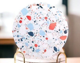 Ensemble de sous-verres en terrazzo avec support, sous-verres en marbre absorbant, sous-verres imprimés en terrazzo avec support et sous-verres à base de liège (bleu)