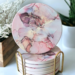 Pink Absorbent Drink Coasters Set With Holder, Ceramic Marble Coasters, Coasters Set of 6 with Gold Holder and Cork-based Coasters