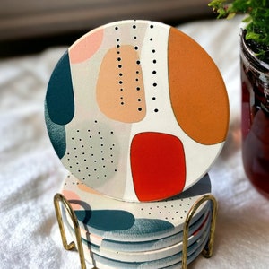 Round Ceramic Coasters Set With Holder, Absorbent Nordic Coasters, Drink Coasters Set of 6 with Gold Holder and Cork-based Coasters