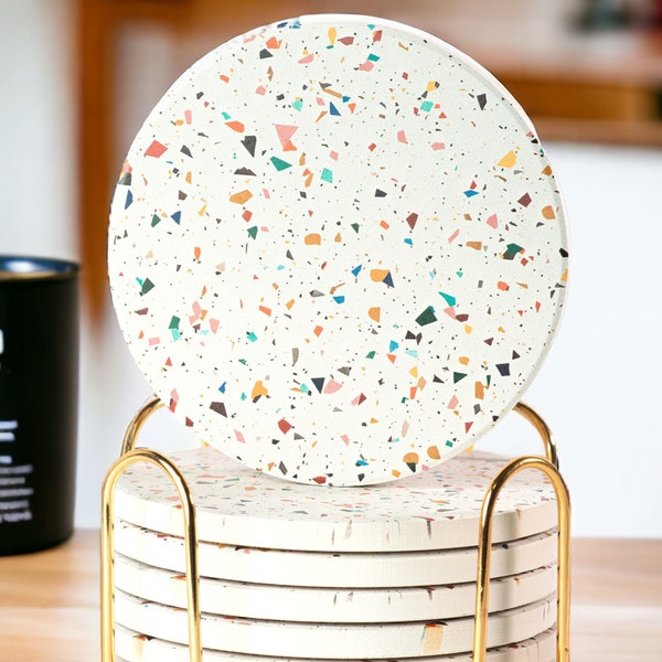 Terrazzo Coasters Set With Holder, Absorbent Coasters, Coasters Set of 6 with Gold Holder and Anti-Slip Cork Coasters