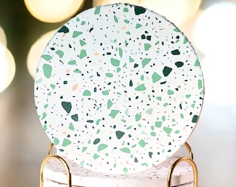 Sage Terrazzo Coasters, Absorbent Terrazzo Printed Round Ceramic Coasters, Coasters Set of 6 with Gold Holder and Anti-Slip Cork Coasters