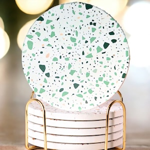 Sage Green Terrazzo Coasters: Absorbent Ceramic Coaster Set with Gold Holder