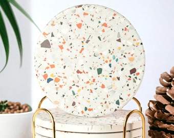 Terrazzo Ceramic Coasters Set of 6: Absorbent Drink Coasters with Gold Holder