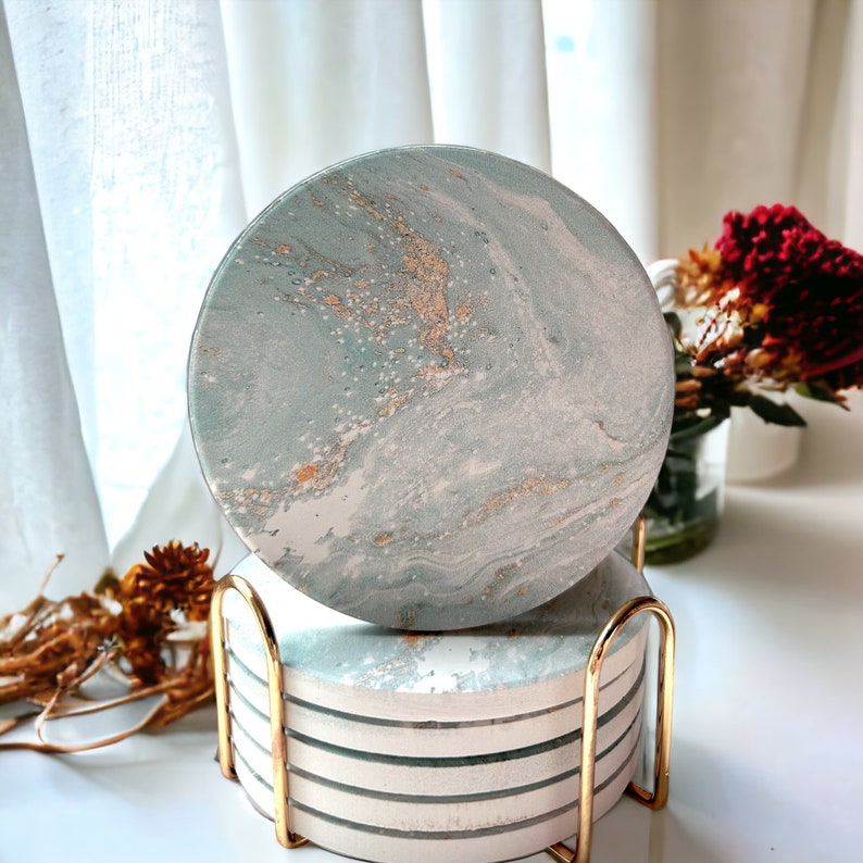 Marble Coasters Set With Holder, Absorbent Ceramic Coasters, Coasters Set of 6 with Gold Holder and Cork-based Coasters